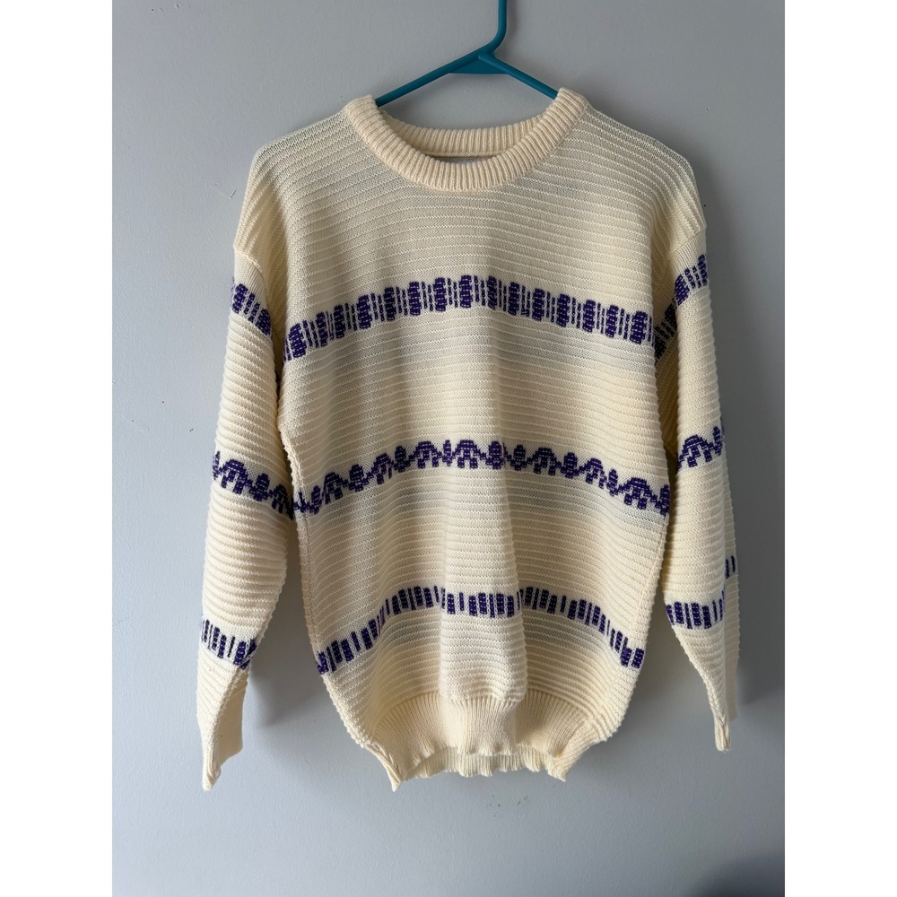 Vintage American Pride Crew Neck Knit Sweater Cream Purple Stripes Made in USA L - Picture 2 of 9